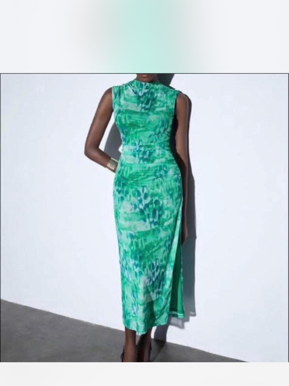 SHEIN Green Watercolor-Print Sleeveless Midi Dress
